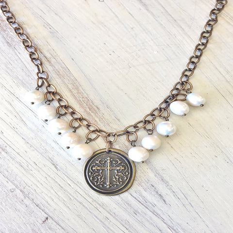 DEVOTION Pearl and Cross Medallion Necklace