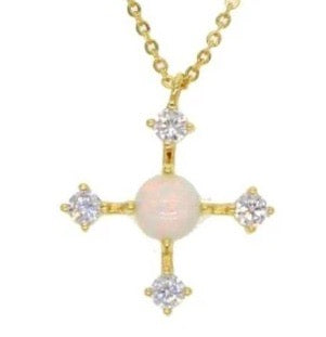 RACHEL White Fire Opal Cross Necklace