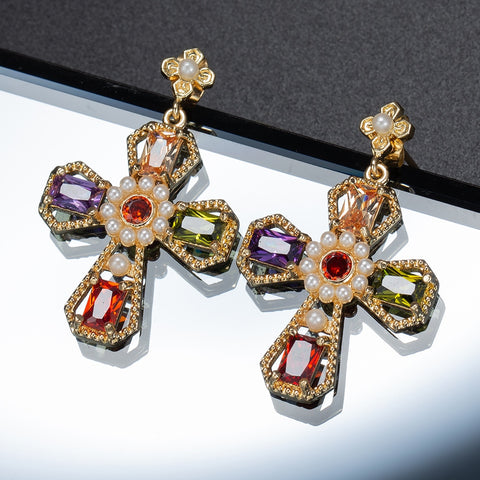 AVA Cross earrings with pearls and CZ