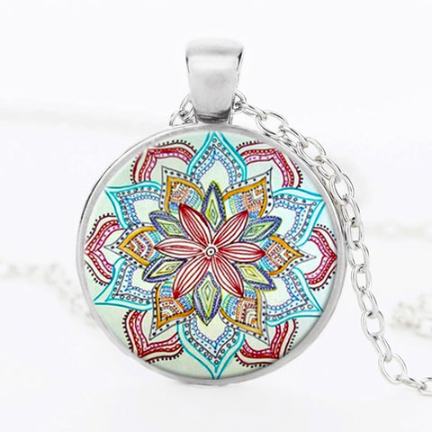 MANDALA FLOWER Glass Cabochon Pendant Necklace