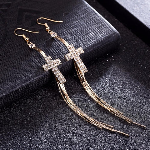 SARAH Crystal Cross Earrings with Tassel